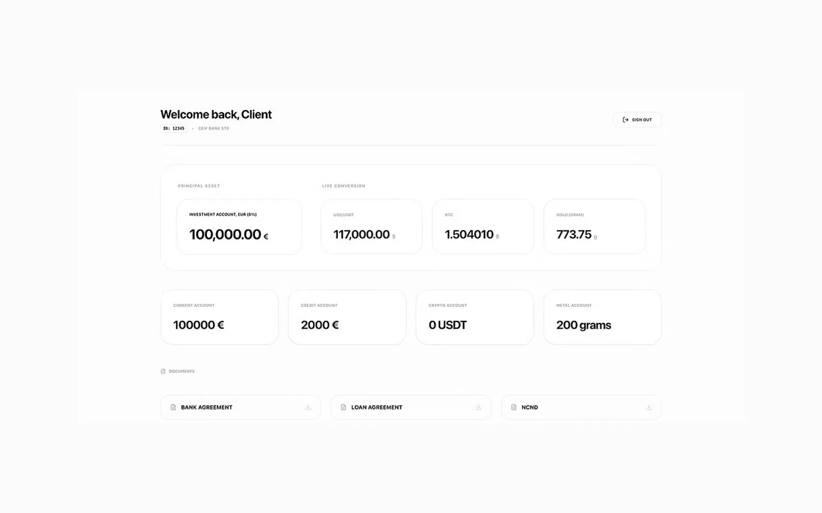 Главный экран кабинета клиента CEIF Bank STP